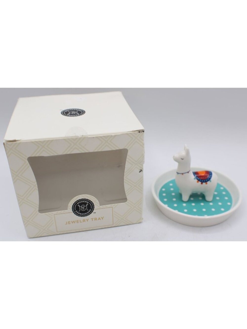 NEW Llama Jewelry Trinket Tray Ceramic Polka Dot Base by Modern Expressions 4x3"